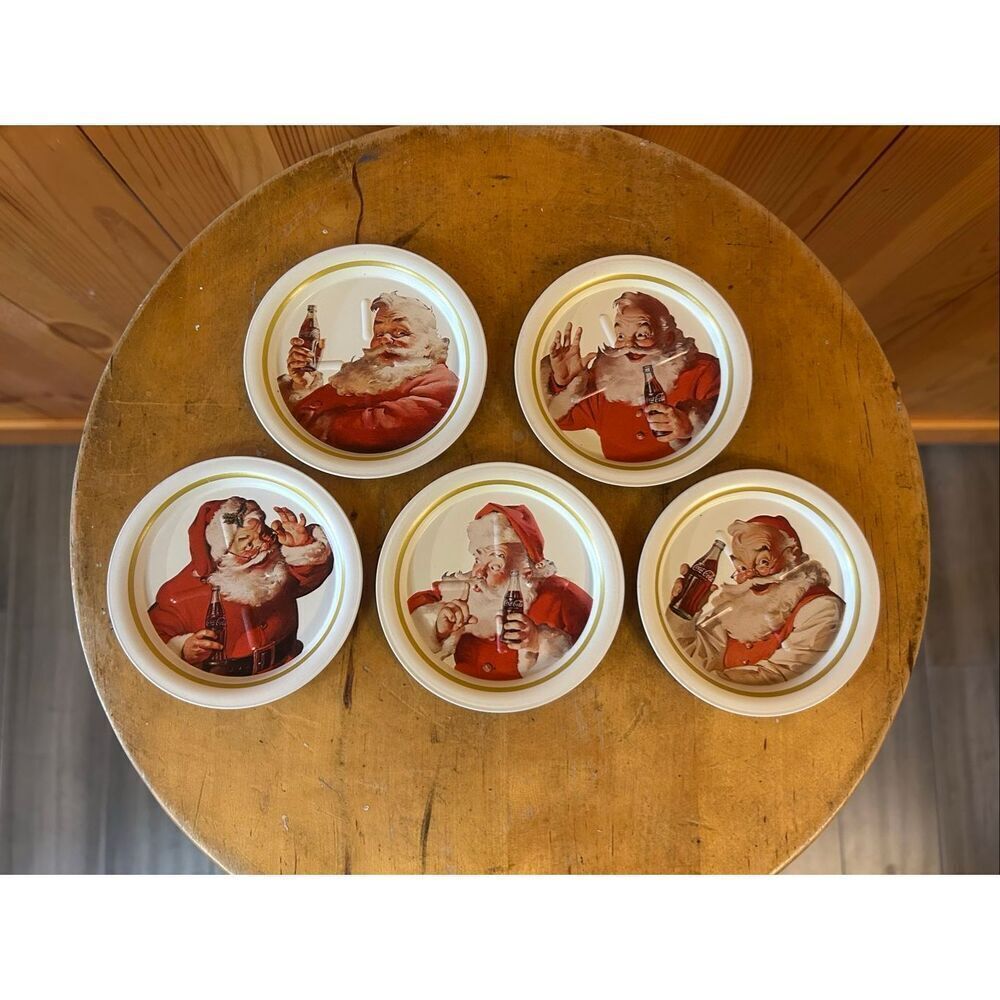 COCA COLA SANTA COASTERS TRAYS METAL SET OF 5 USED COKE VINTAGE ADVERTISING (537